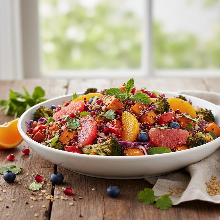 Colourful quinoa bowl with broccoli, sweet potato, grapefruit, orange and pomegranate seeds